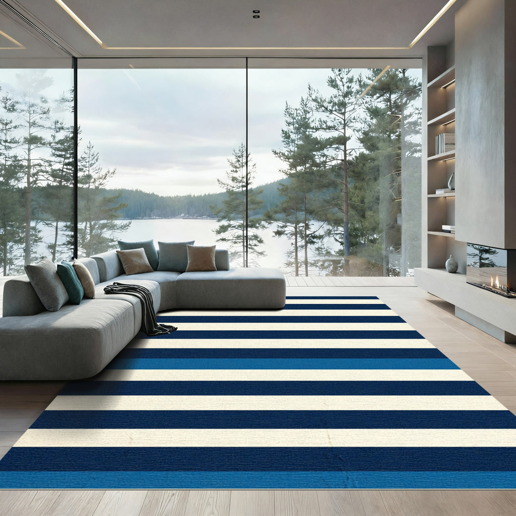 Modern Navy and White Striped Rug