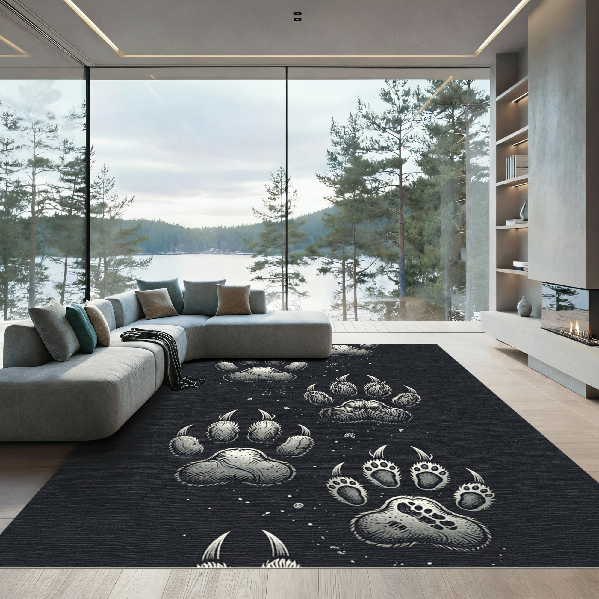 Grayscale Wildlife Paw Prints Rug