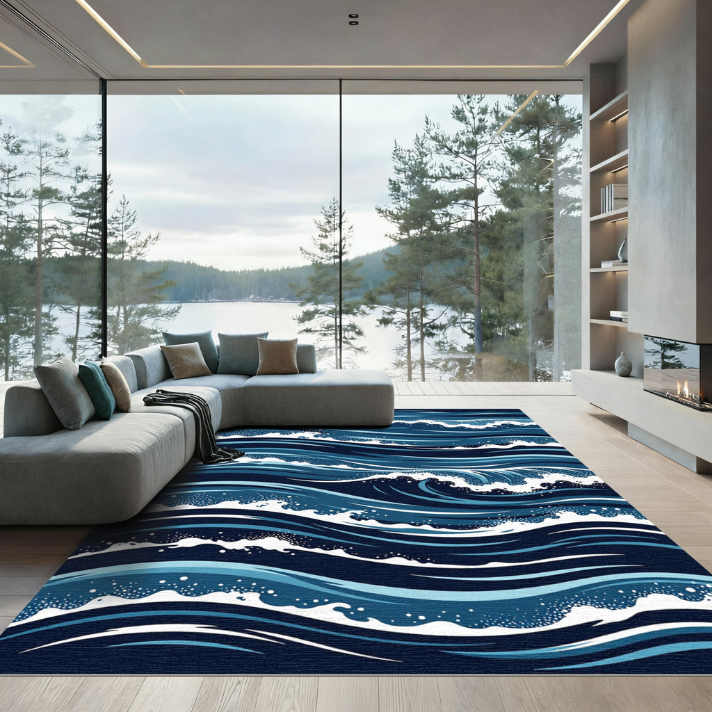 Deep Blue Ocean Waves Cascade Rug