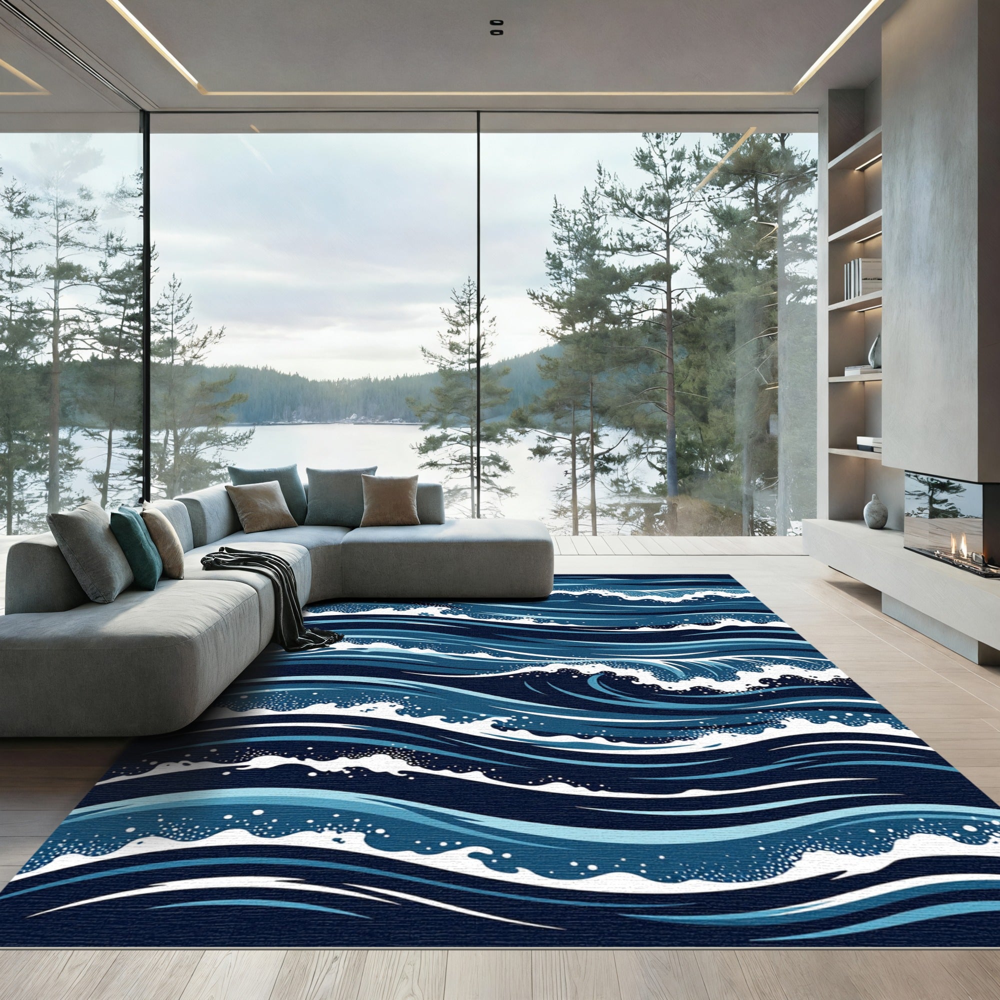 Deep Blue Ocean Waves Cascade Rug