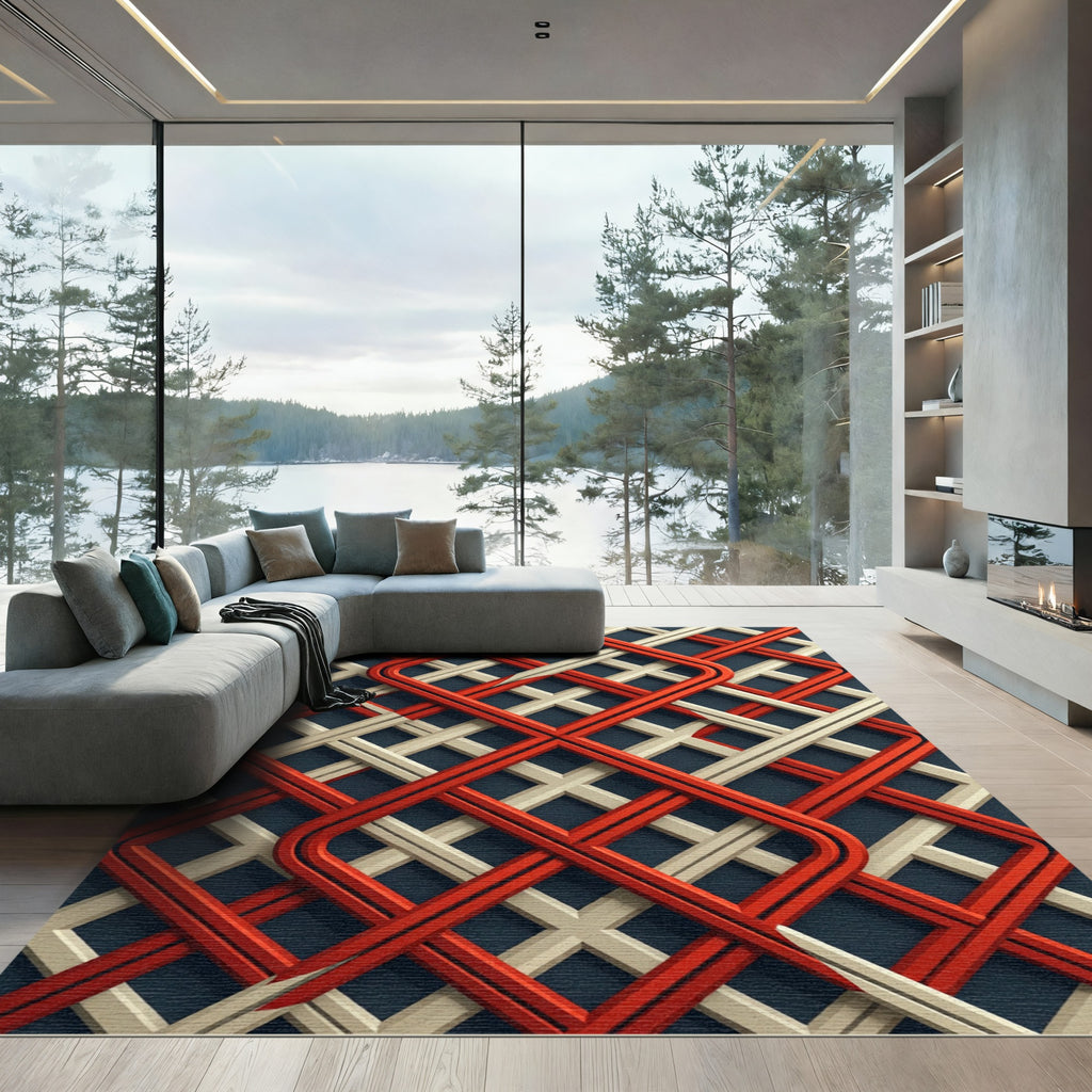 Red Cream Interlocking Lattice Rug