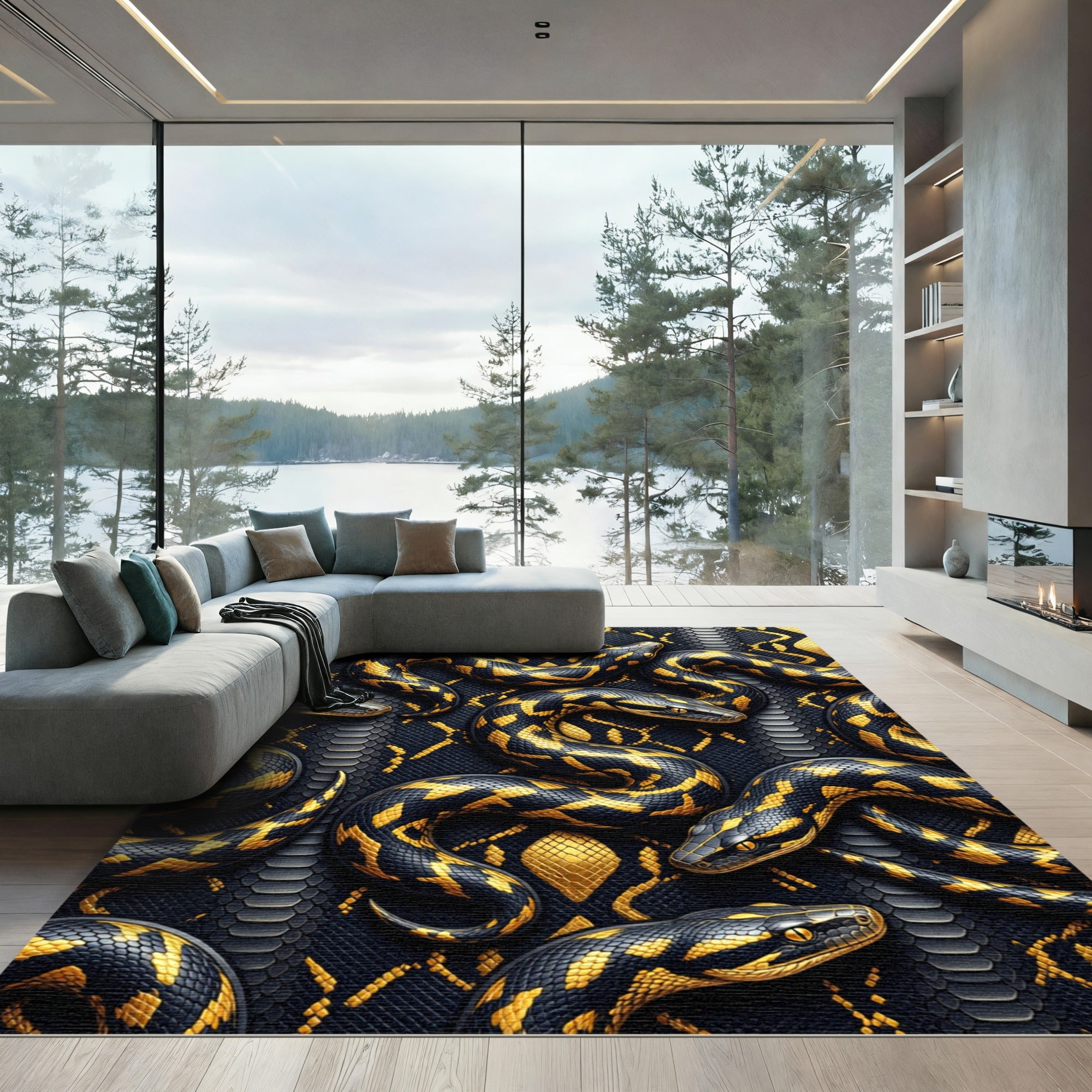Gold and Black Serpents Reptile Texture Rug