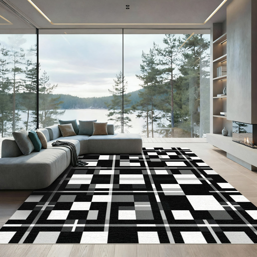 Monochrome Abstract Geometric Grid Checkered Abstract Rug