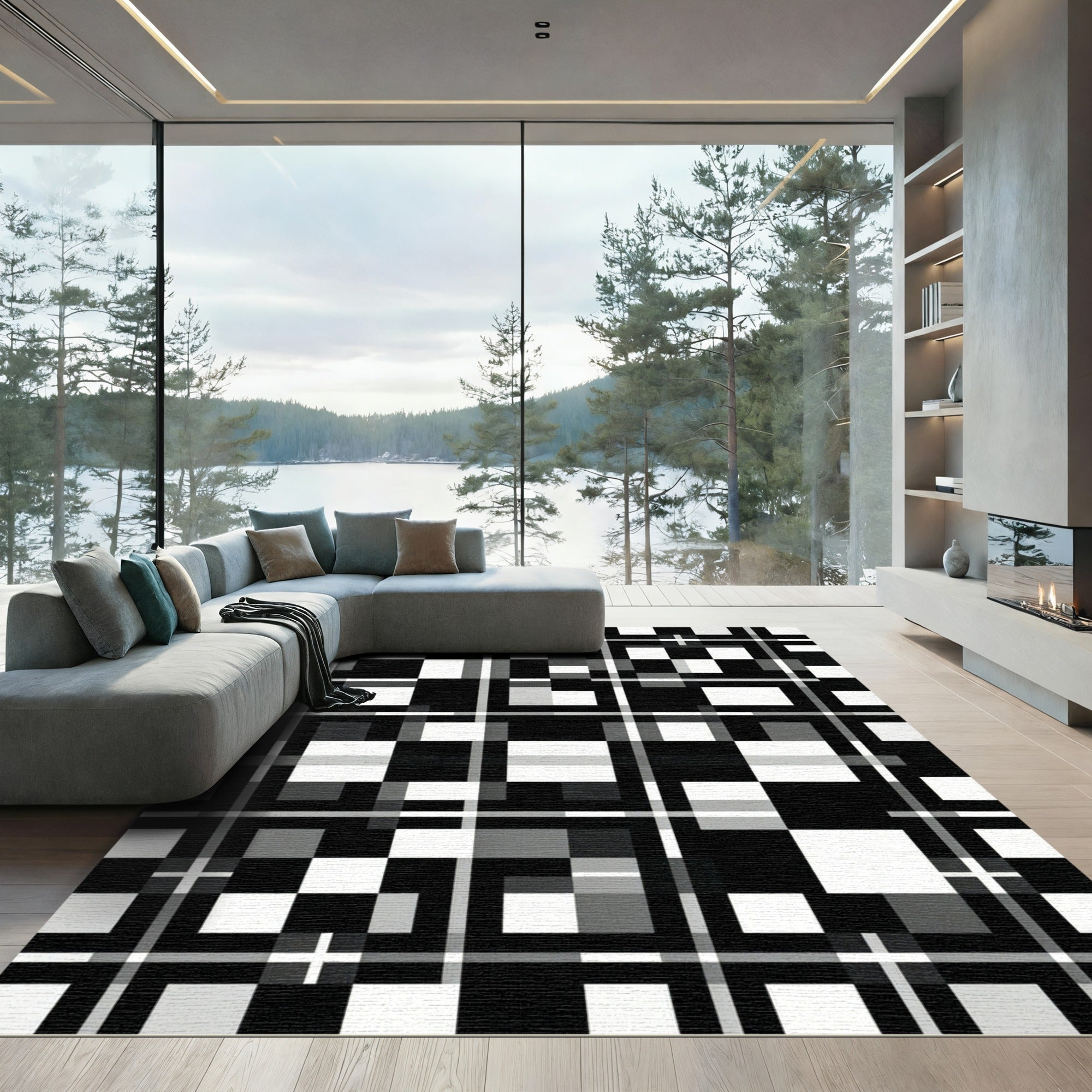 Monochrome Abstract Geometric Grid Checkered Abstract Rug