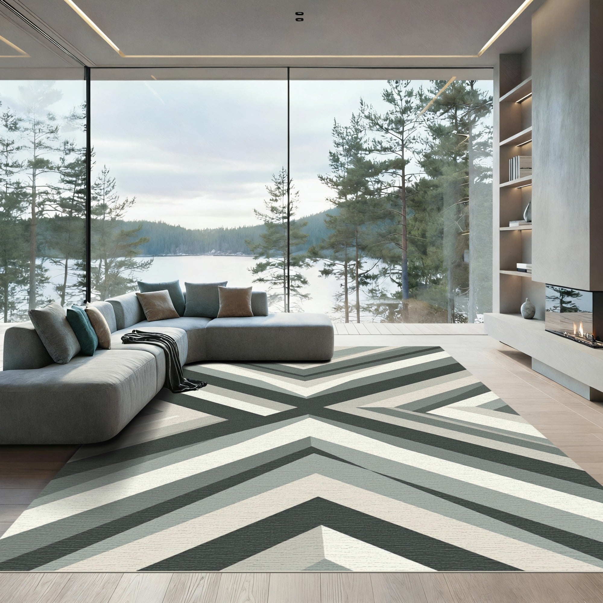 Modern Gray Geometric Chevron Accent Rug