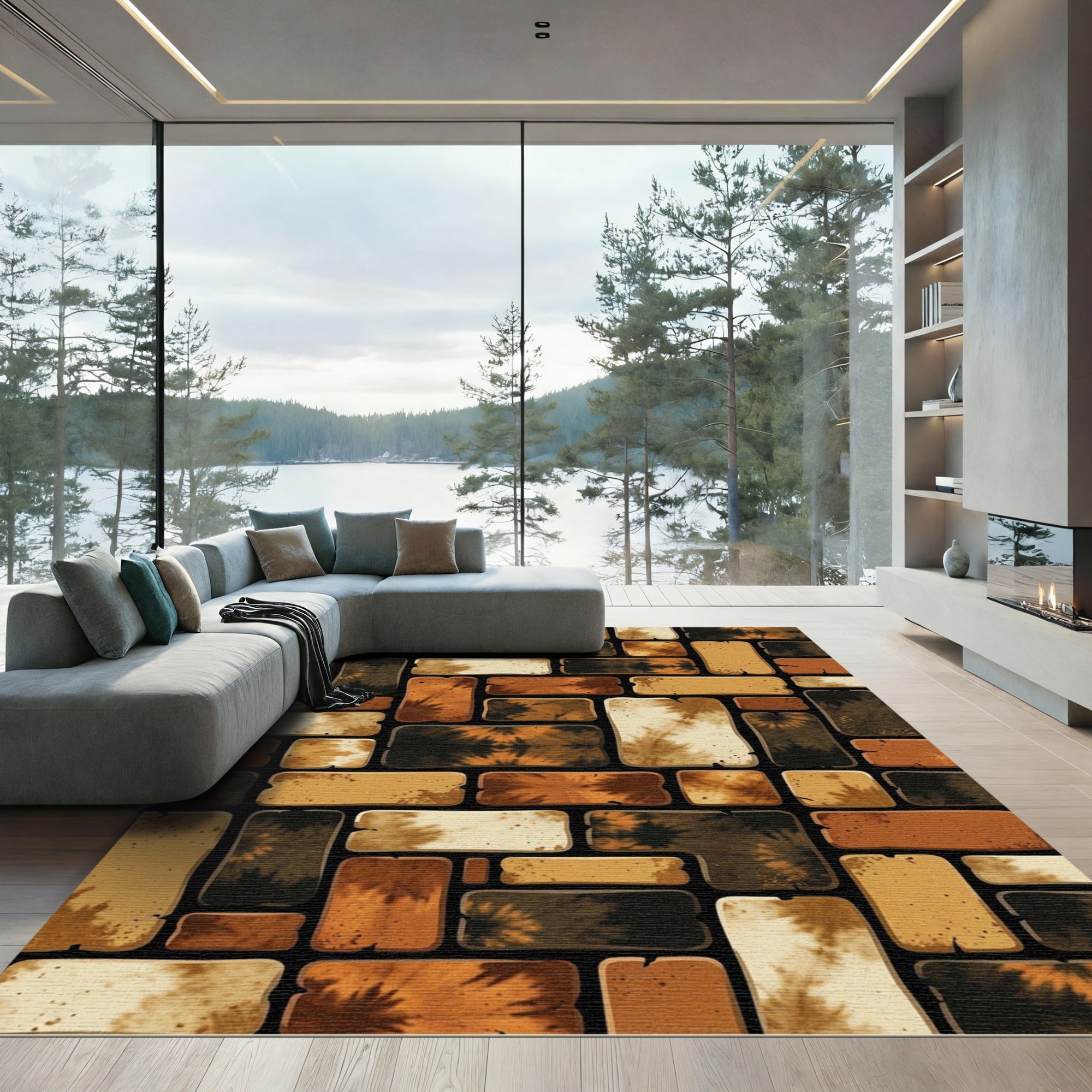 Earth Tone Abstract Block Brick Rug