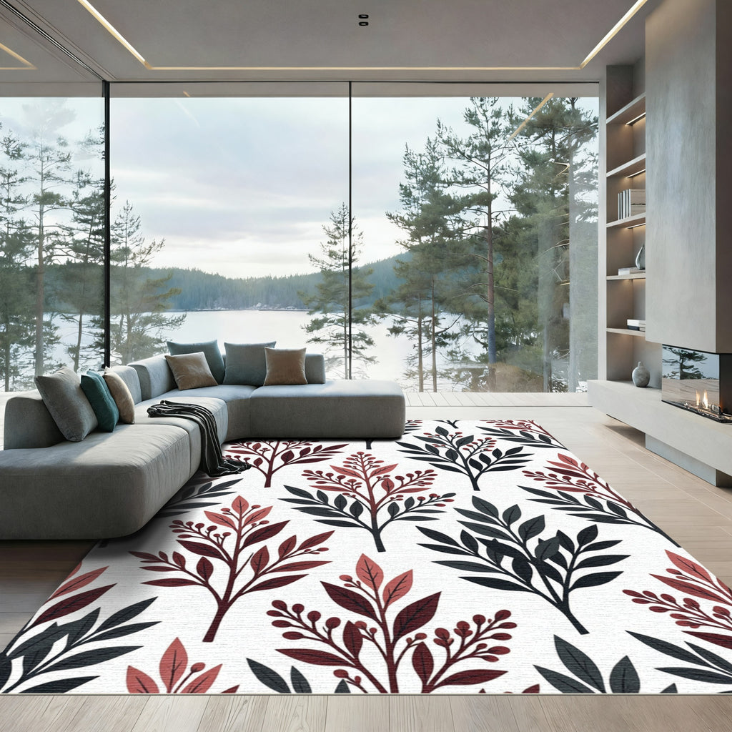 Dark Red Leafy Branch Medallion Rug