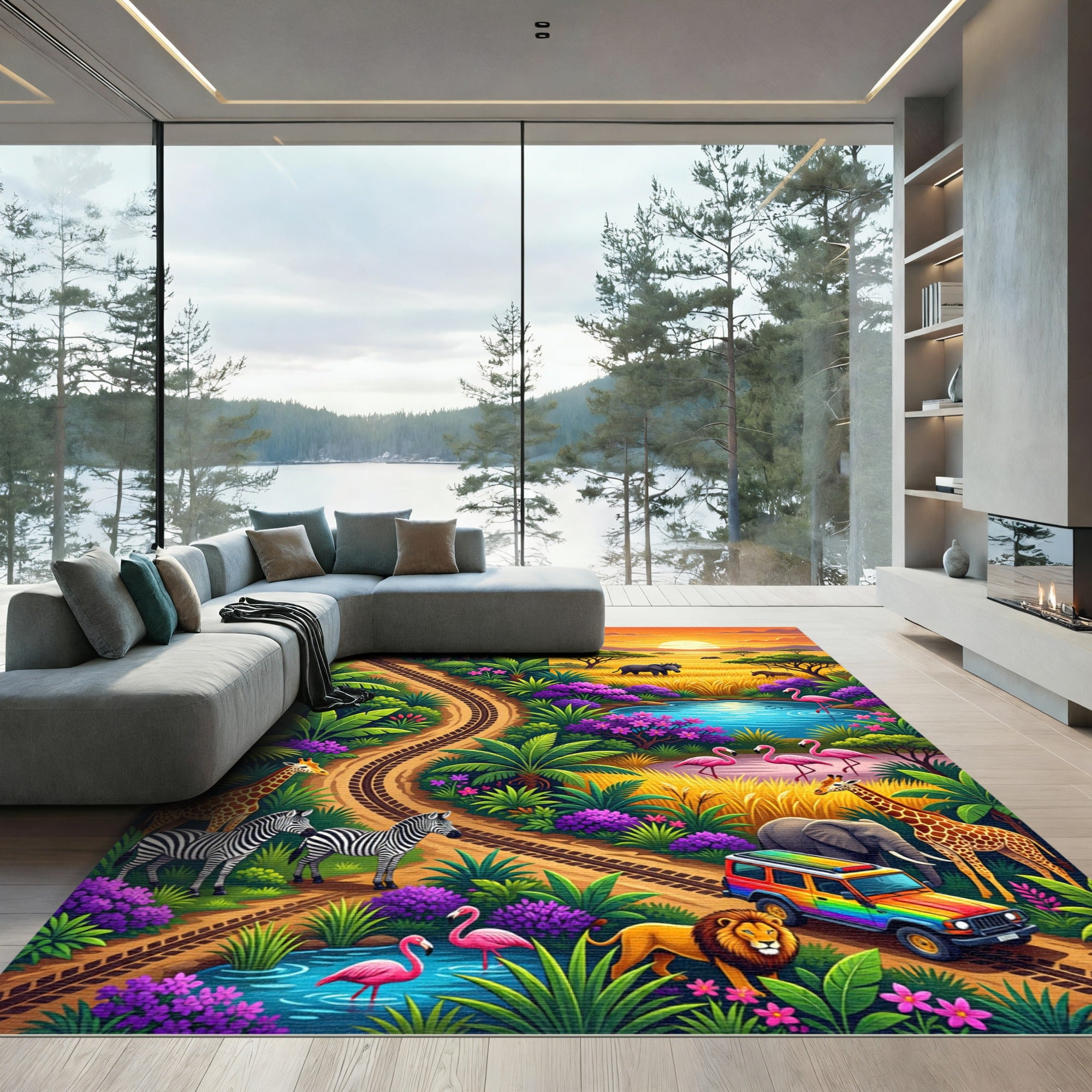 Vibrant Sunset African Safari Wildlife Landscape Rug