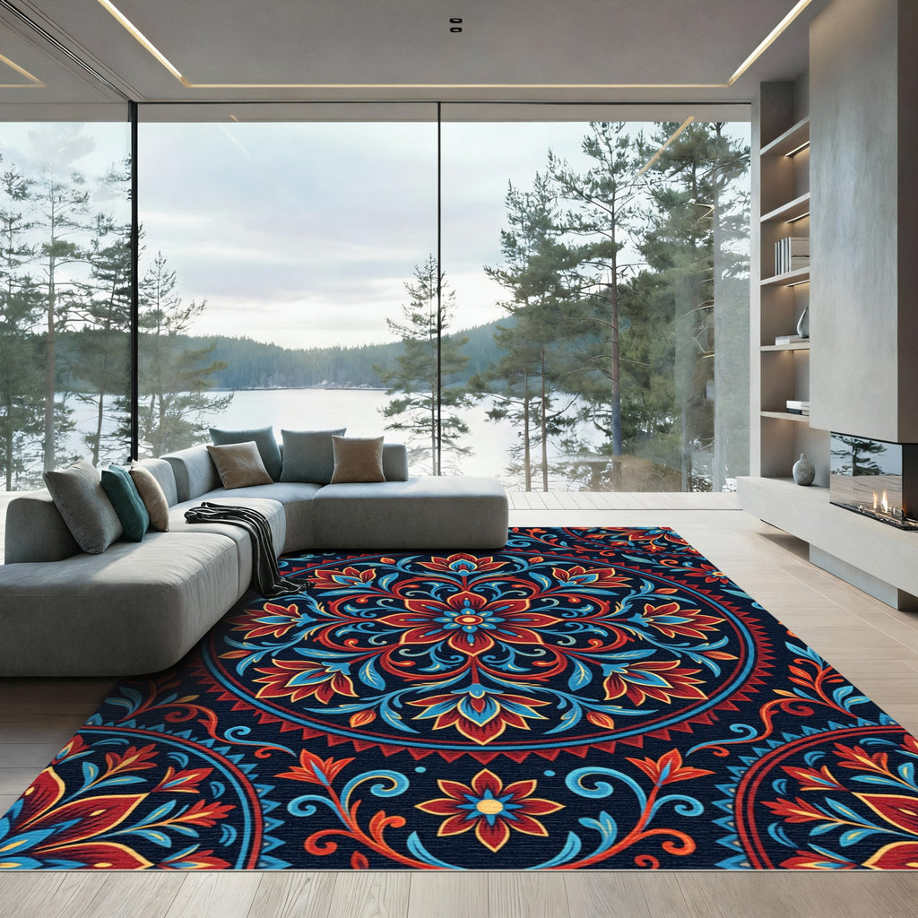 Rich Red Blue Floral Medallion Rug