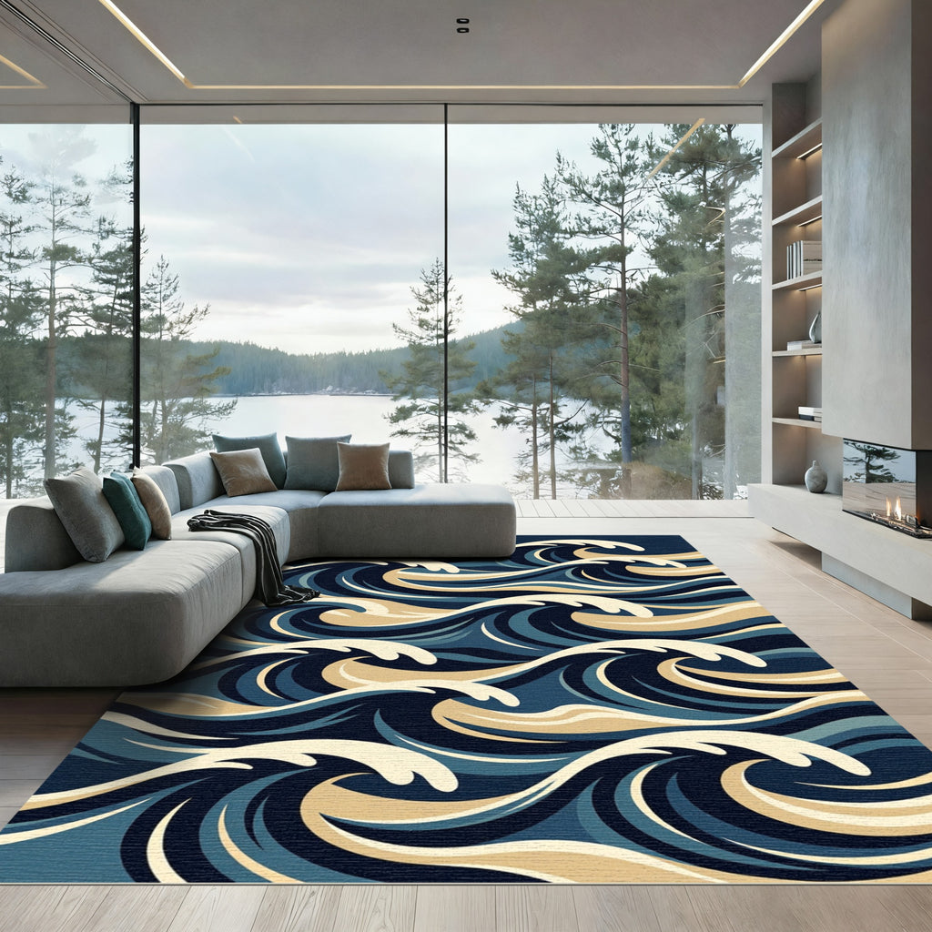 Deep Blue Golden Wave Abstract Rug