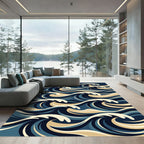 Deep Blue Golden Wave Abstract Rug