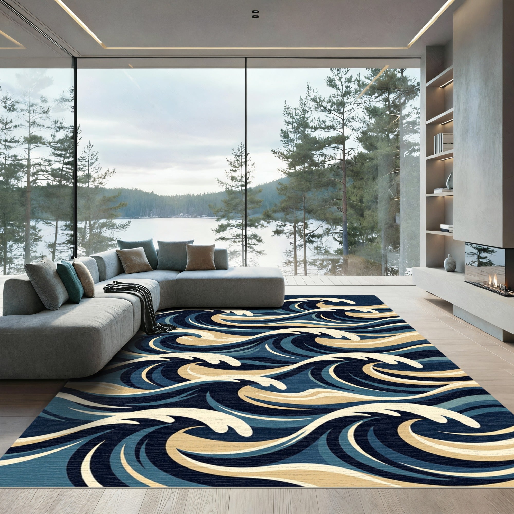 Deep Blue Golden Wave Abstract Rug