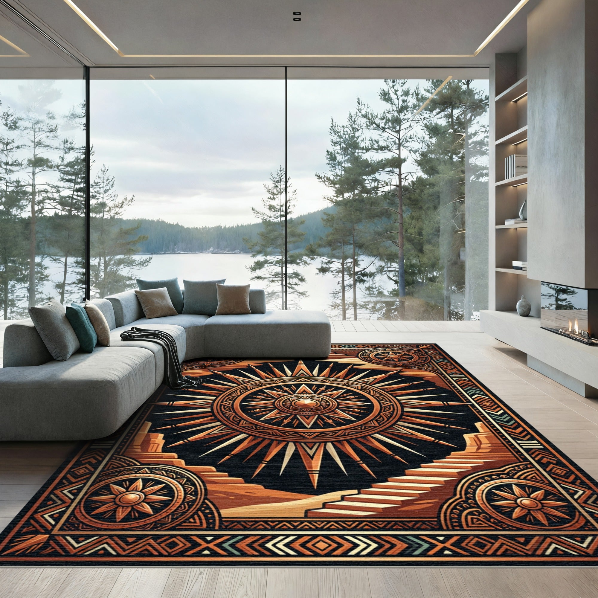Golden Celestial Sun Desert Staircase Art Rug