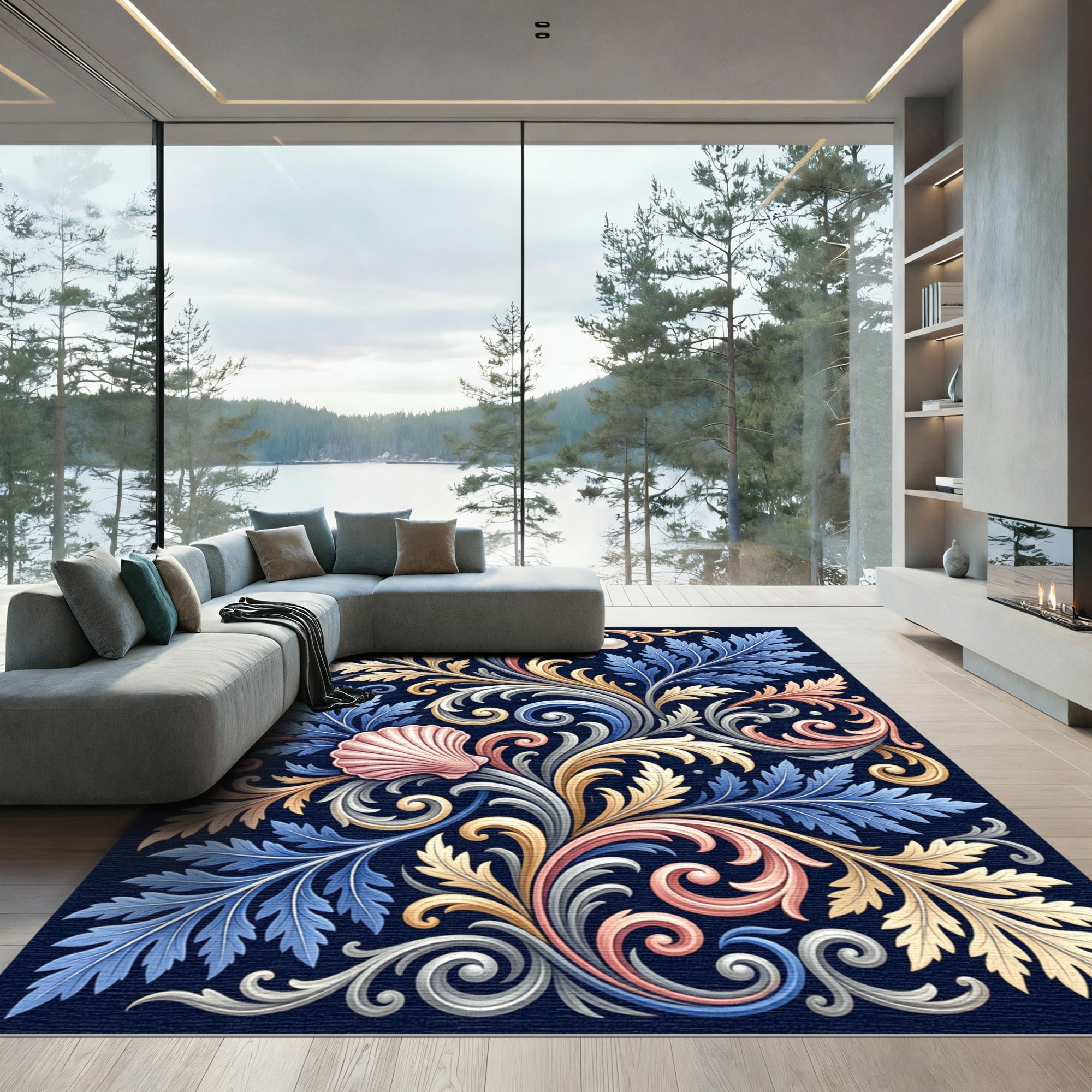 Elegant Blue Pearl Shell Scrollwork Rug