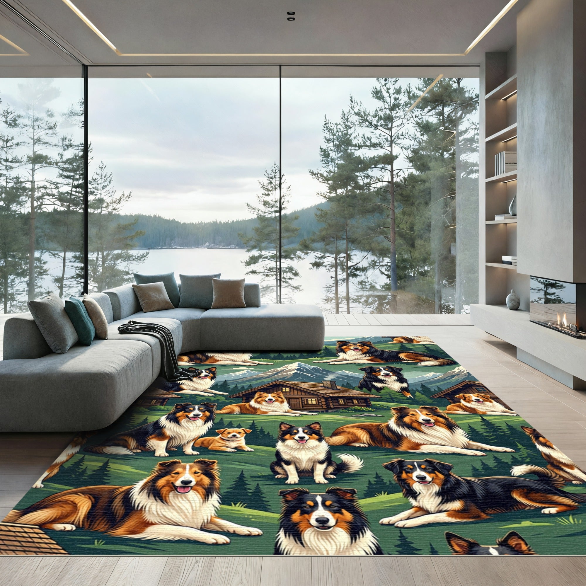 Scenic Highland Collie Dog Mountain Landscape Rug