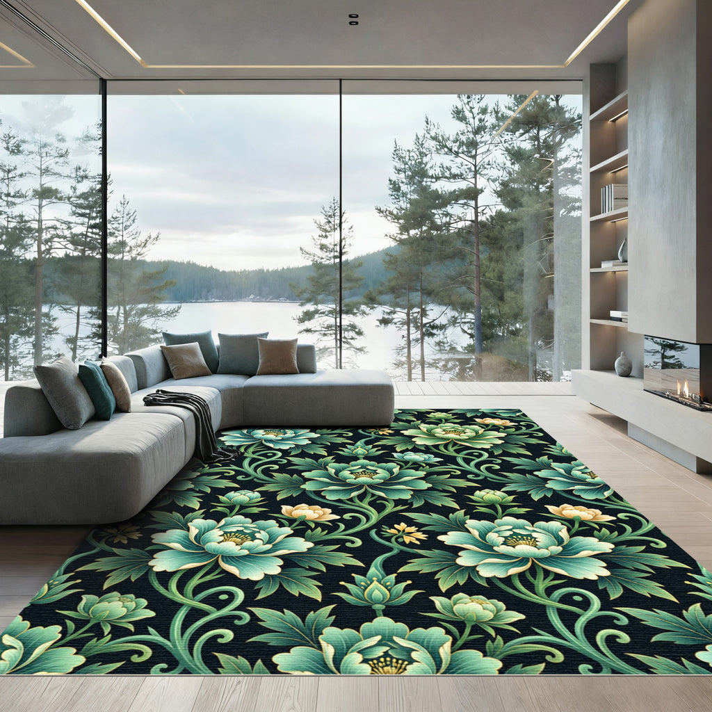 Emerald Teal Floral Scroll Garden Rug