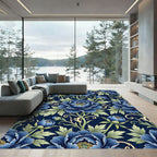 Elegant Blue Peony Botanical Flourish Rug