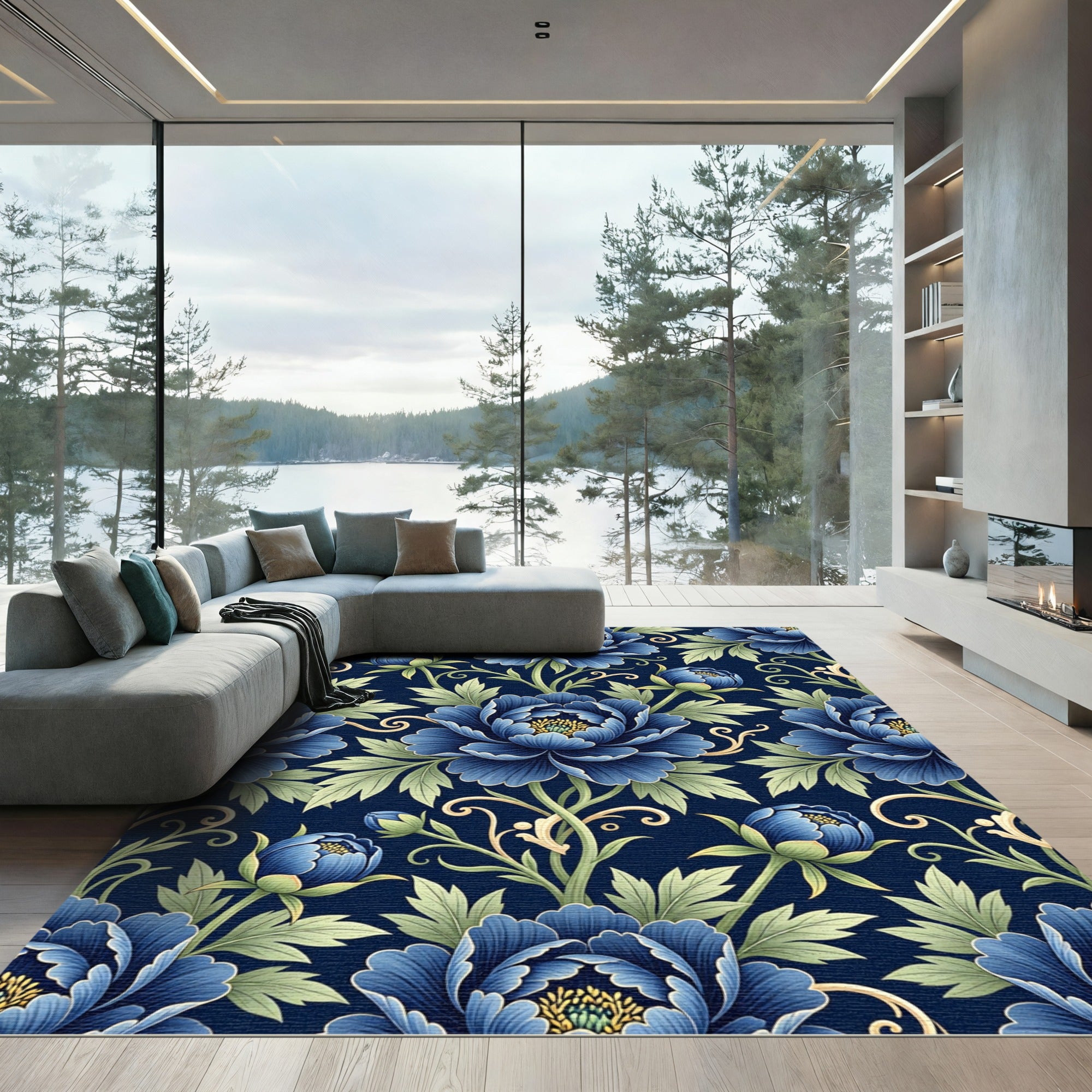 Elegant Blue Peony Botanical Flourish Rug