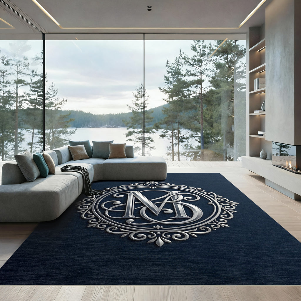 Elegant Silver Monogram Circular Emblem Rug