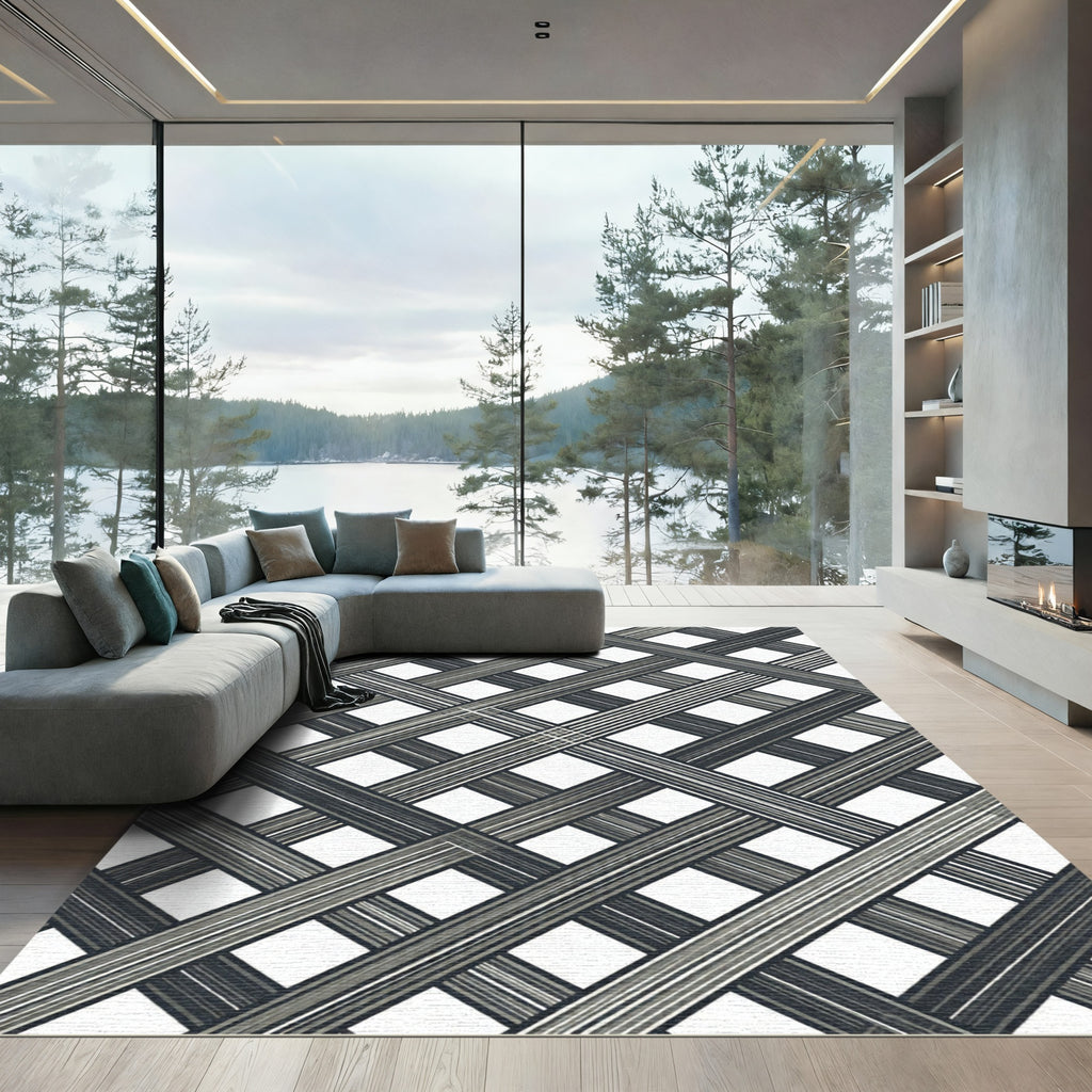 Monochrome Geometric Lattice Overlay Rug