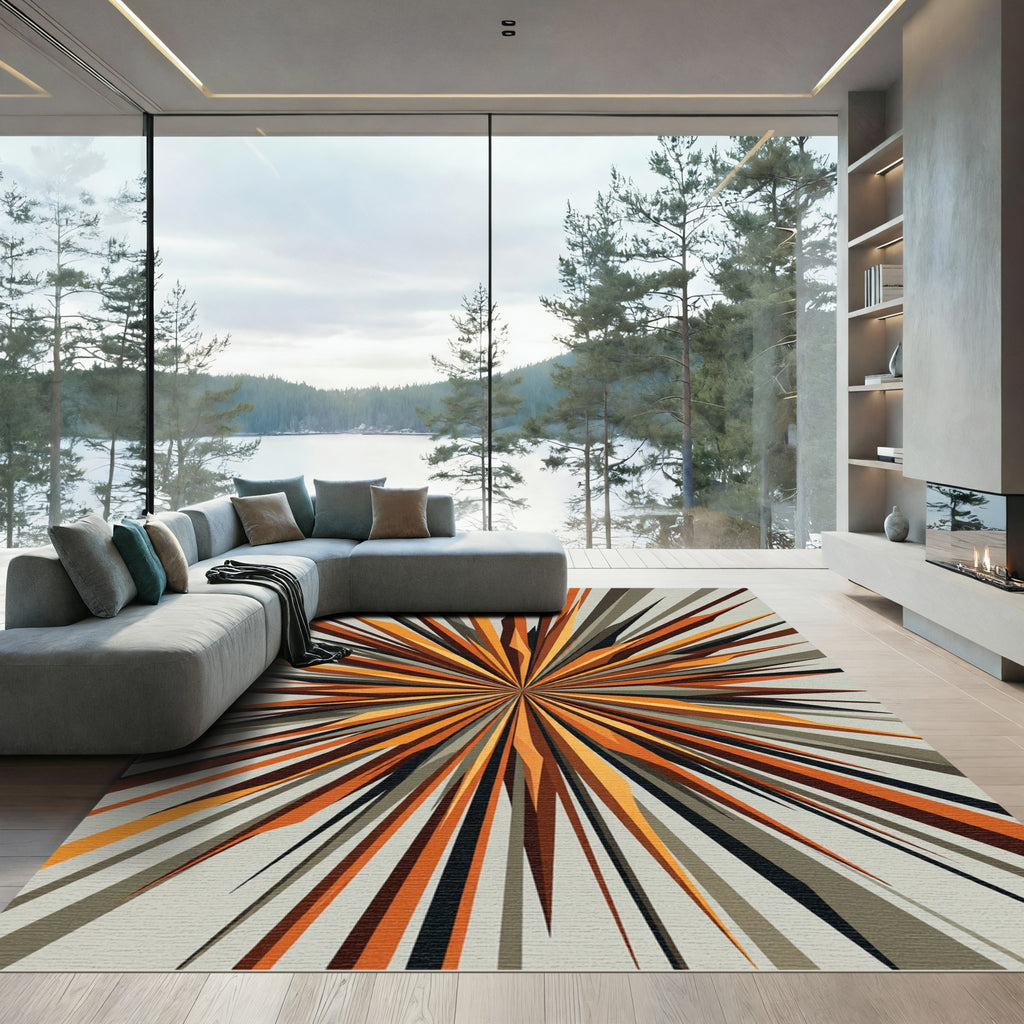 Abstract Orange Starburst Rays Rug