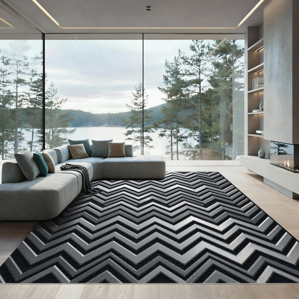 Metallic Silver Zigzag Chevron Rug