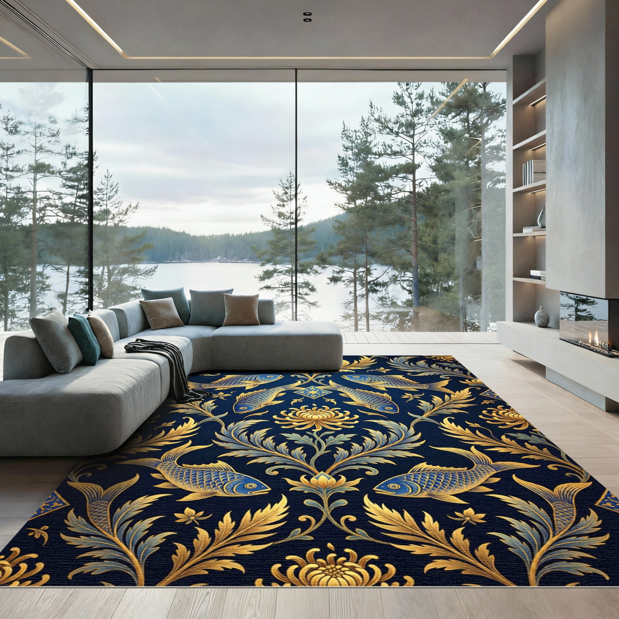 Golden Koi Floral Navy Articulated Rug