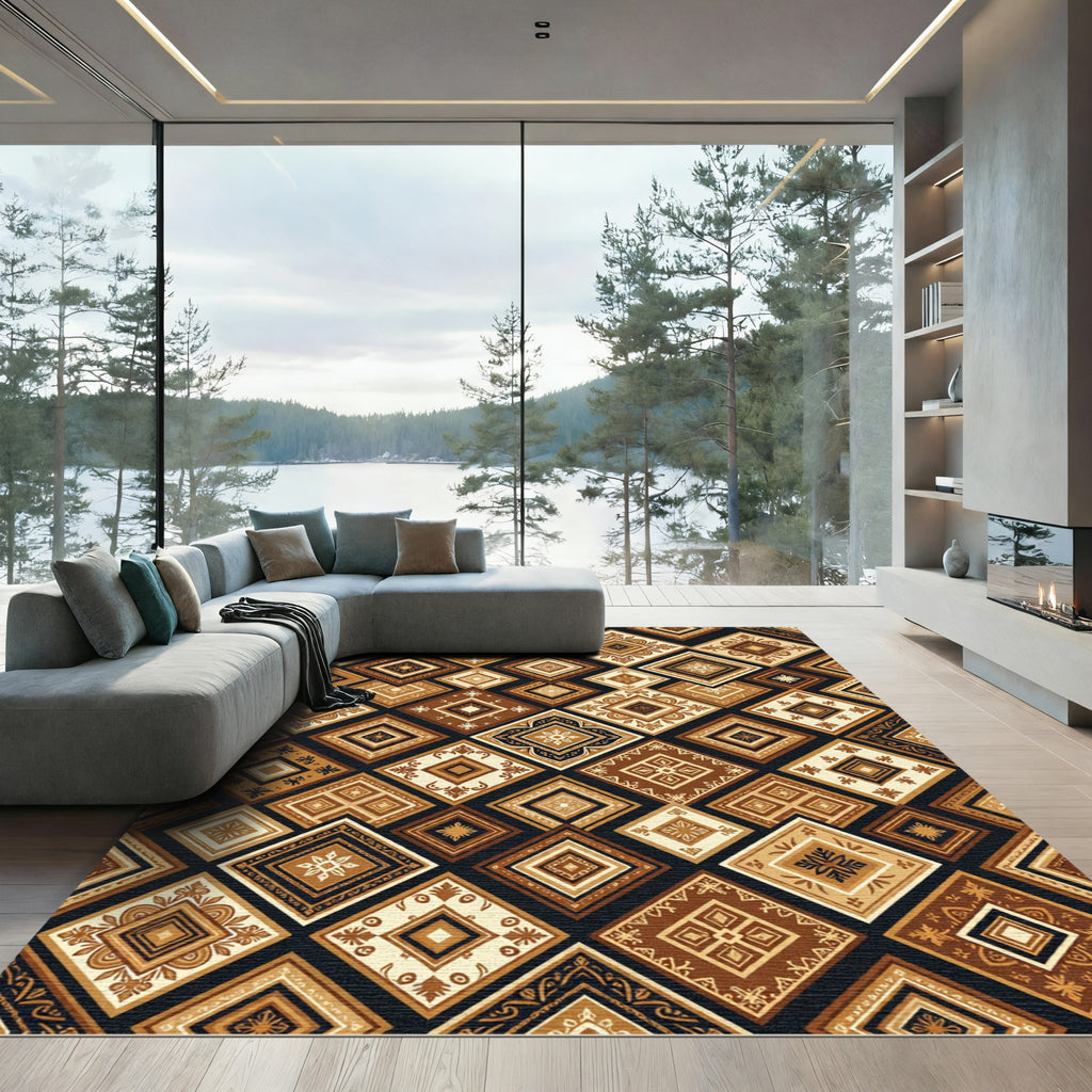 Geometric Earthy Brown Diamond Tile Rug