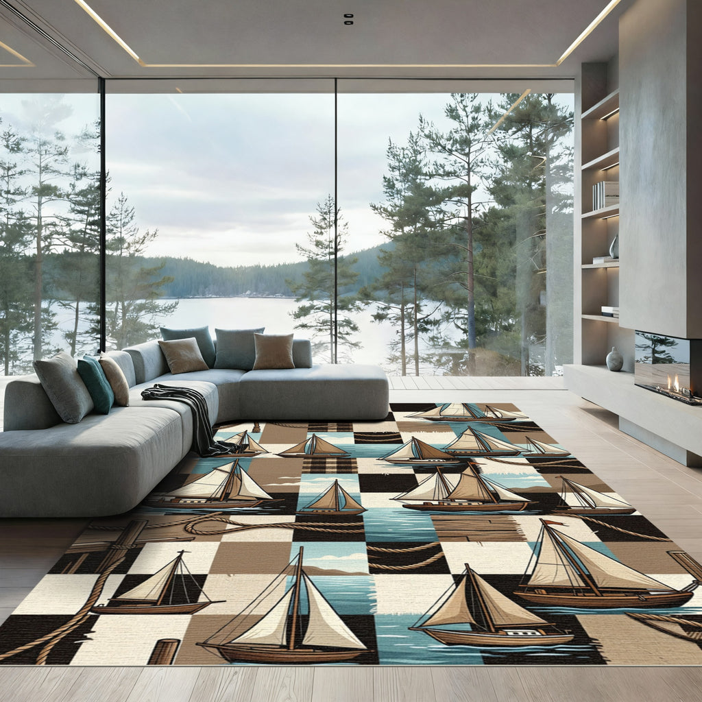 Nautical Sailboats Patchwork Collage Rug