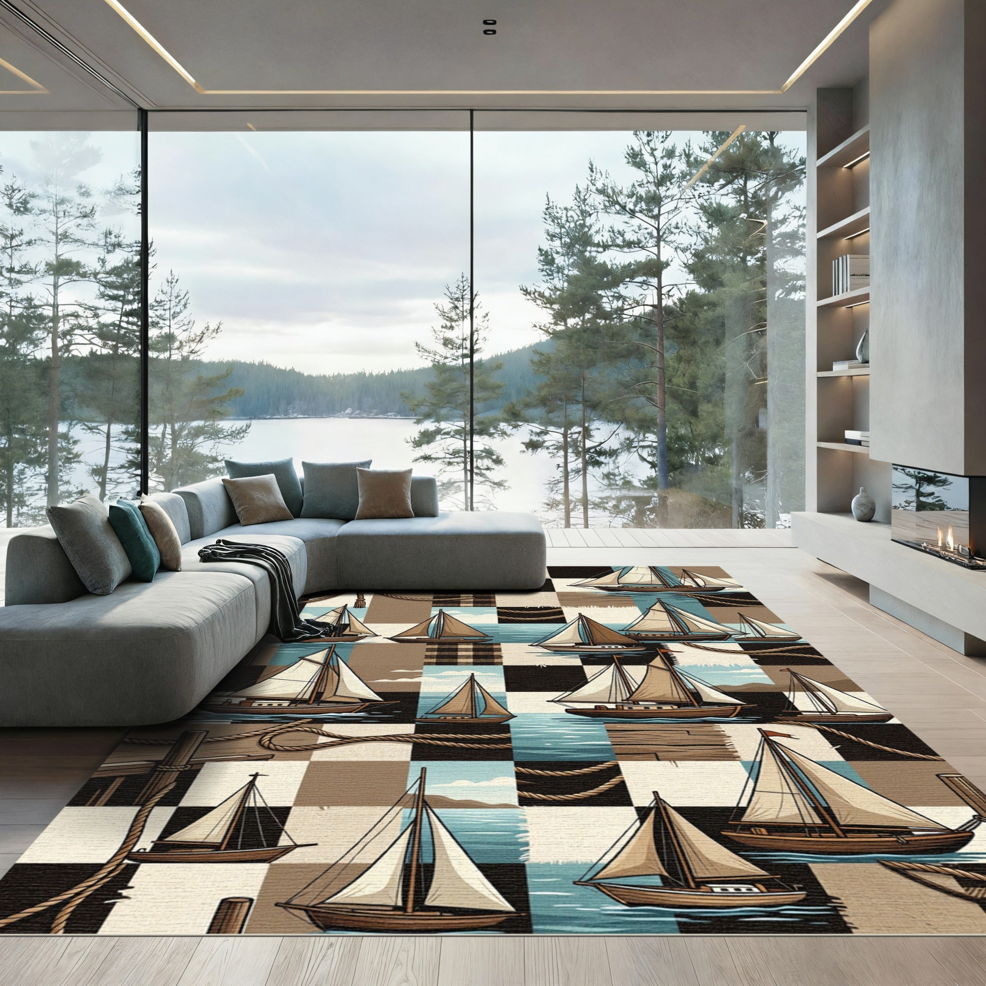 Nautical Sailboats Patchwork Collage Rug