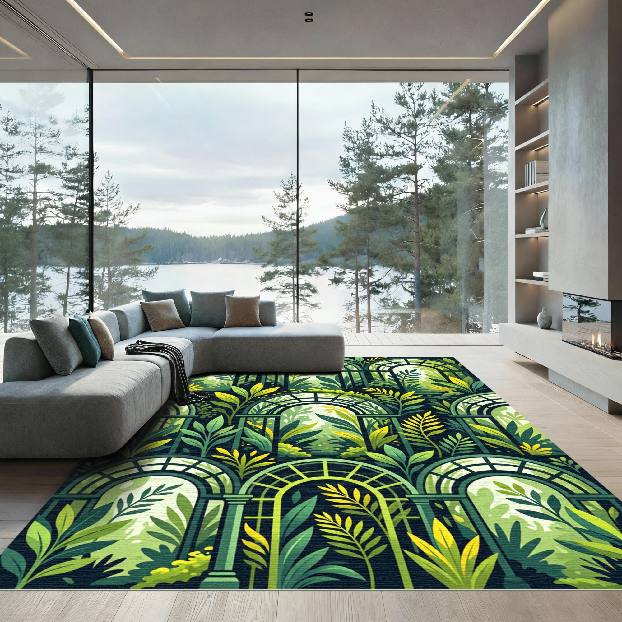 Lush Emerald Greenhouse Foliage Arch Rug