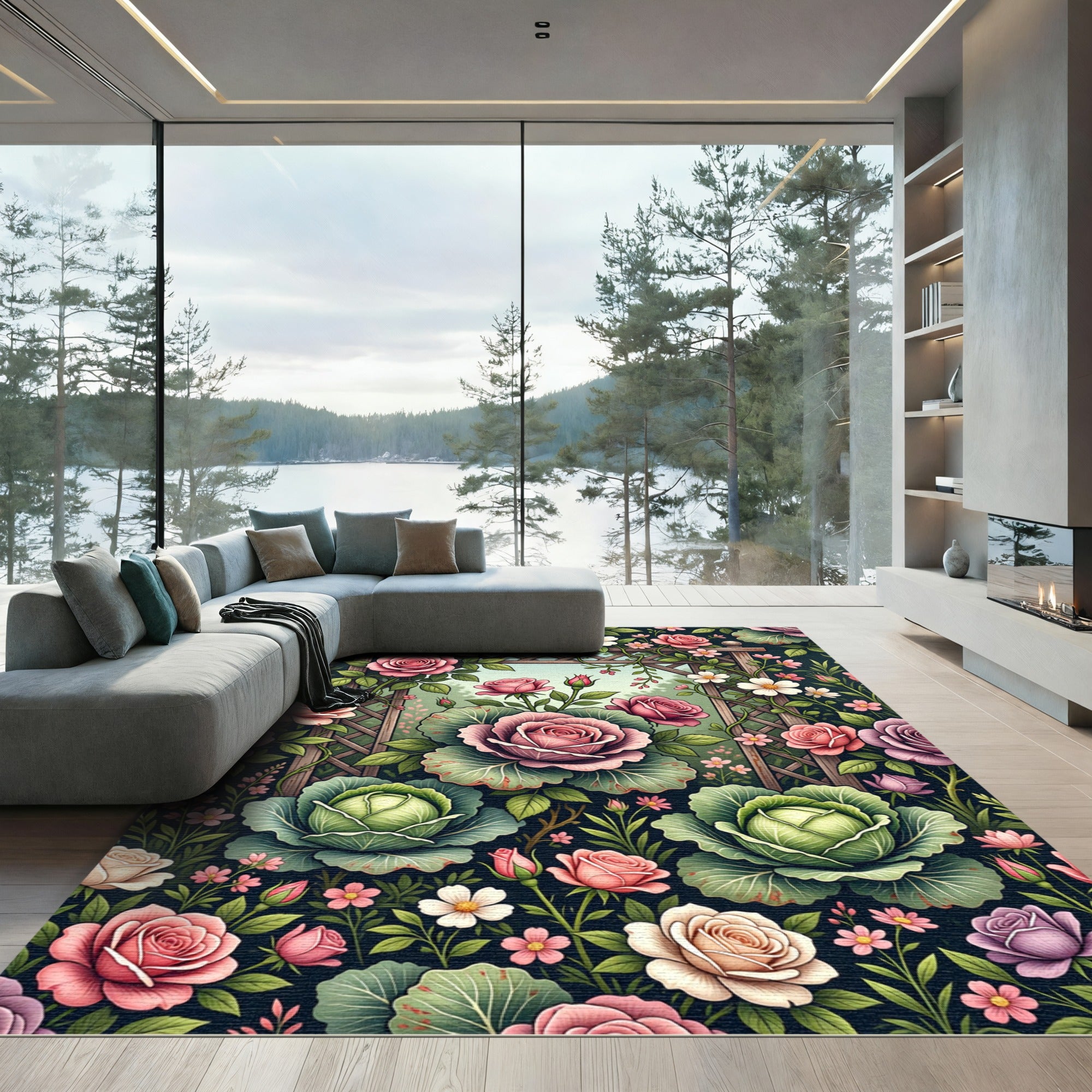 Enchanted Rose and Cabbage Garden Floral Rug