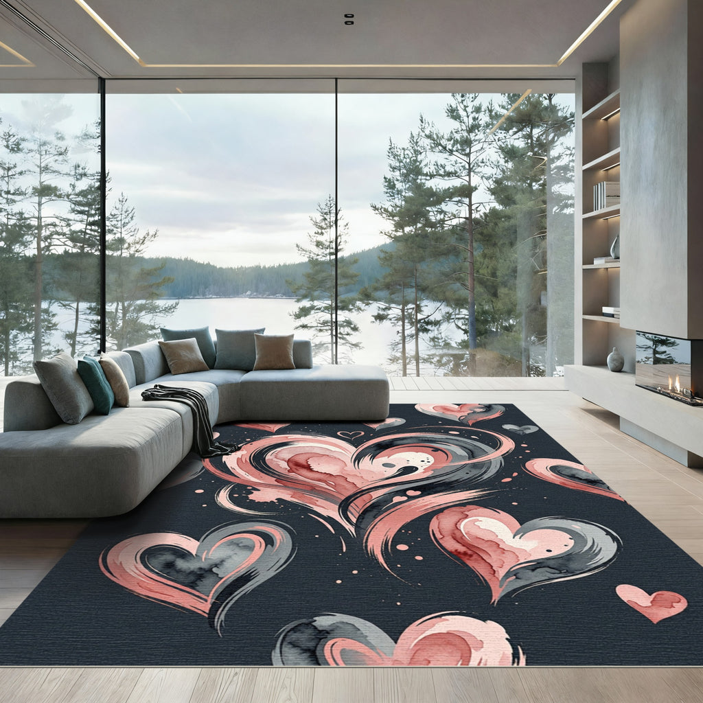 Pink Gray Swirl Hearts Watercolor Rug