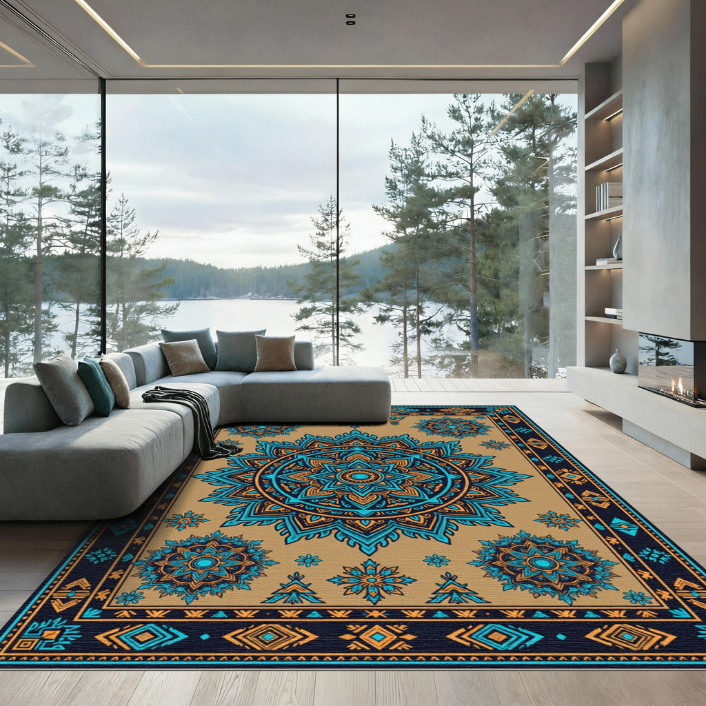 Ornate Blue and Gold Mandala Tapestry Rug
