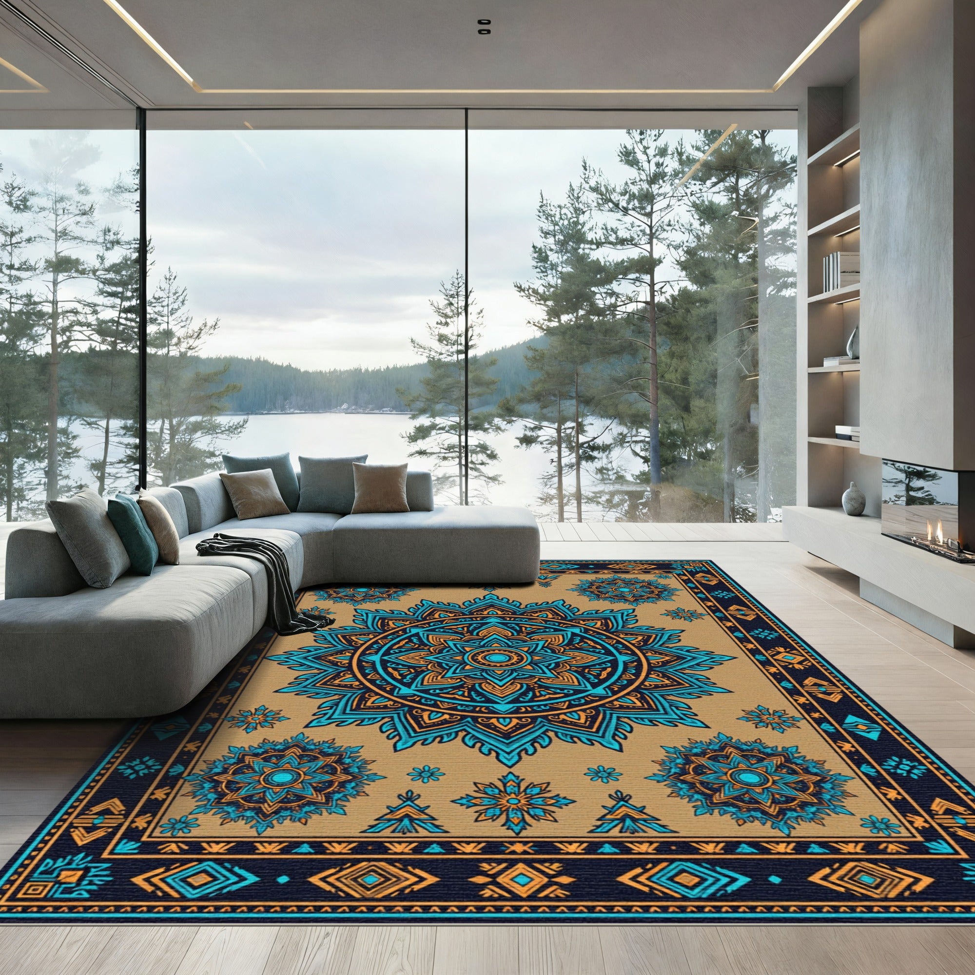 Ornate Blue and Gold Mandala Tapestry Rug