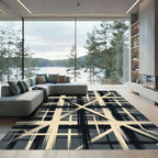 Black and Cream Linear Geometric Composition Rug