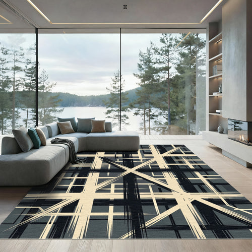Black and Cream Linear Geometric Composition Rug