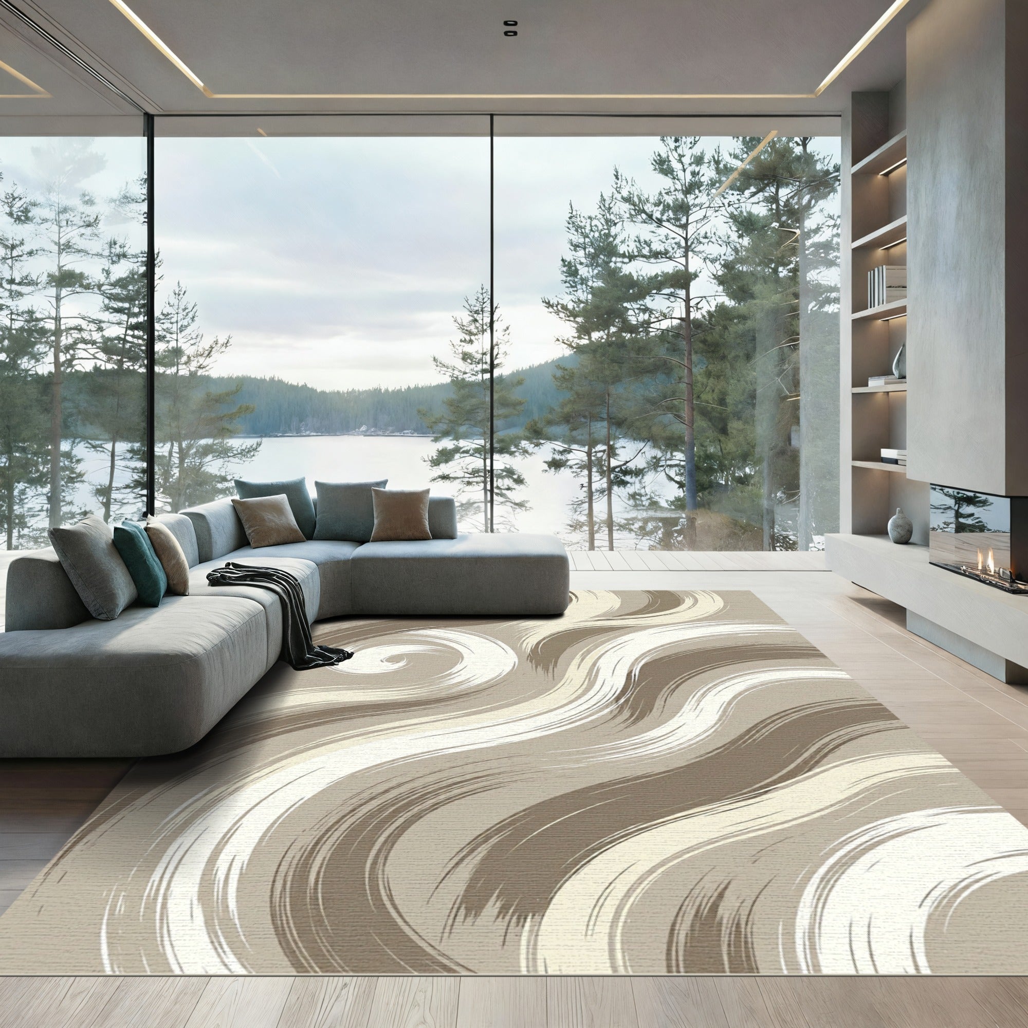 Minimalist Neutral Swirling Wave Rug
