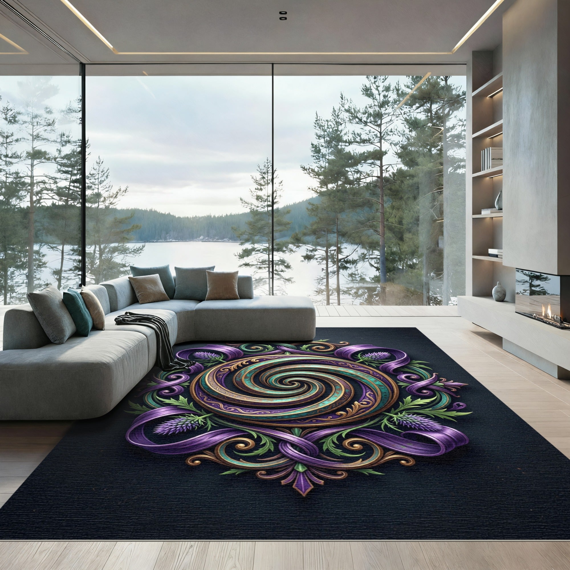 Elegant Teal Purple Thistle Swirl medallion Rug