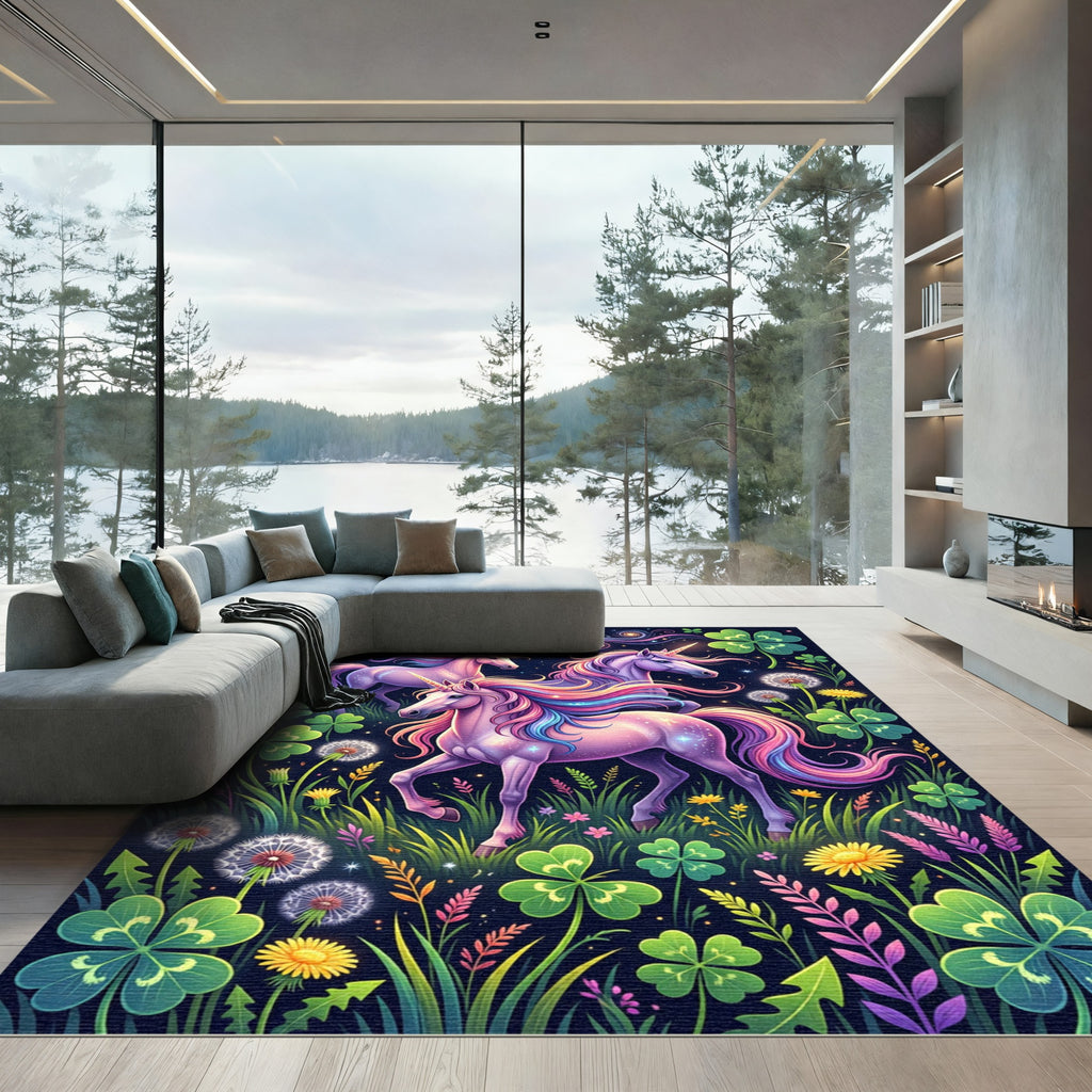 Stellar Unicorn Clover Fantasy Meadow Rug