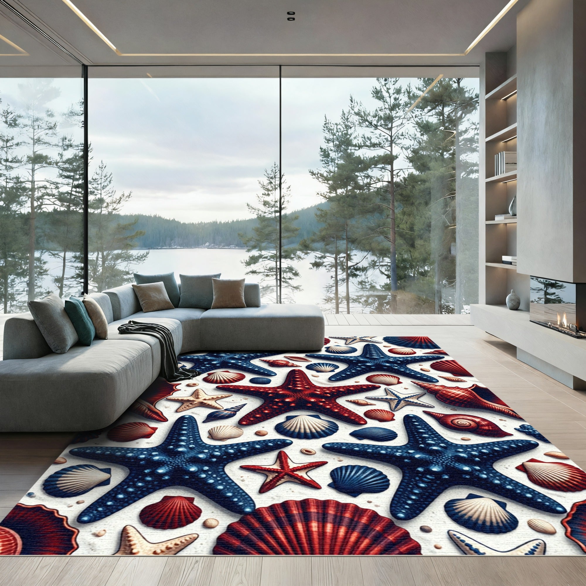 Red and Blue Nautical Starfish Shells Rug