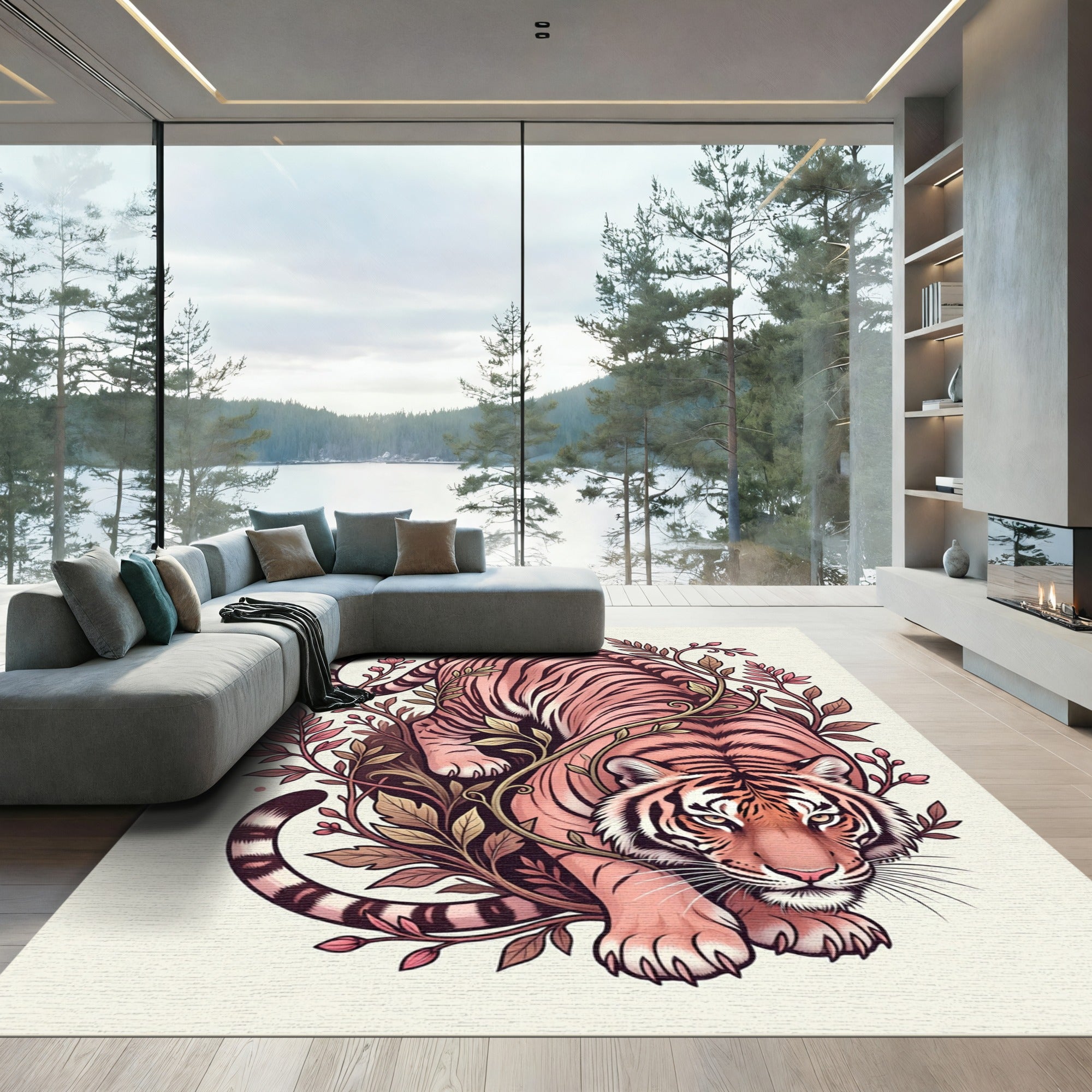 Blush Tiger in Tropical Foliage Rug
