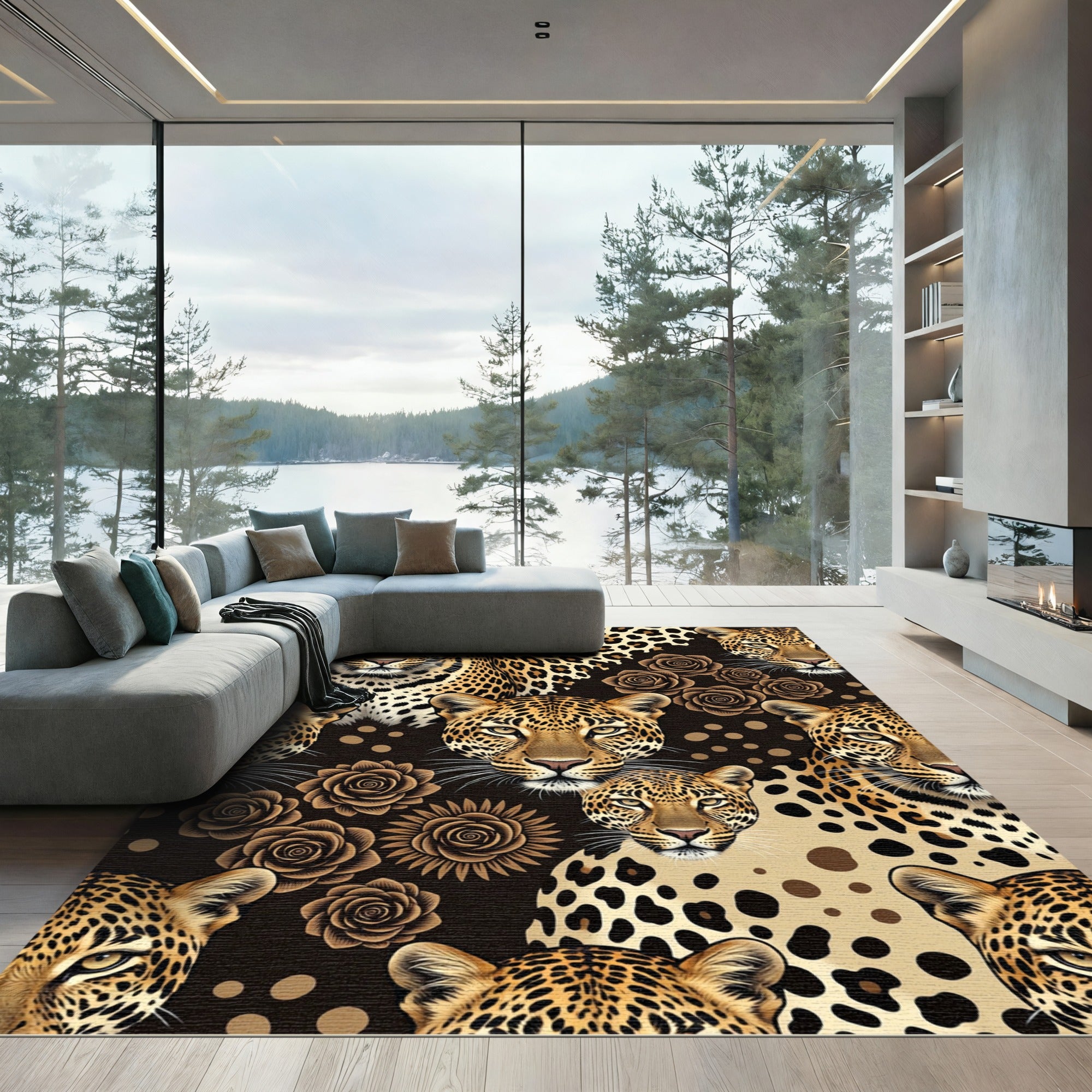 Golden Leopard and Rose Floral Composition Rug