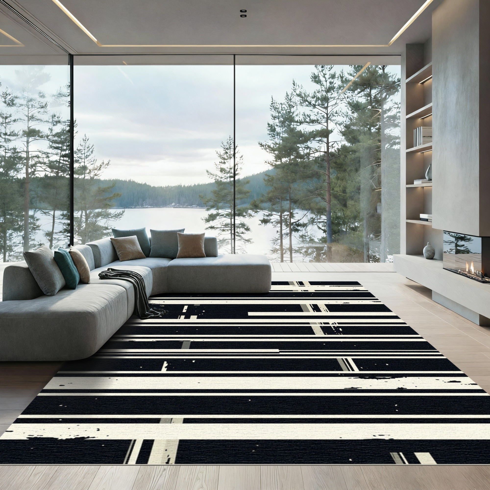 Monochromatic Distressed Stripe Composition Rug