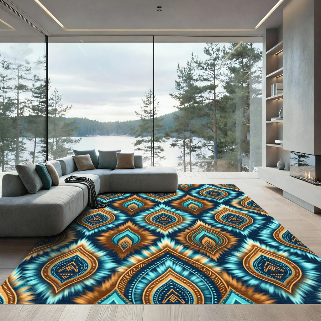 Teal Blue Gold Ikat Leaf Tile Rug