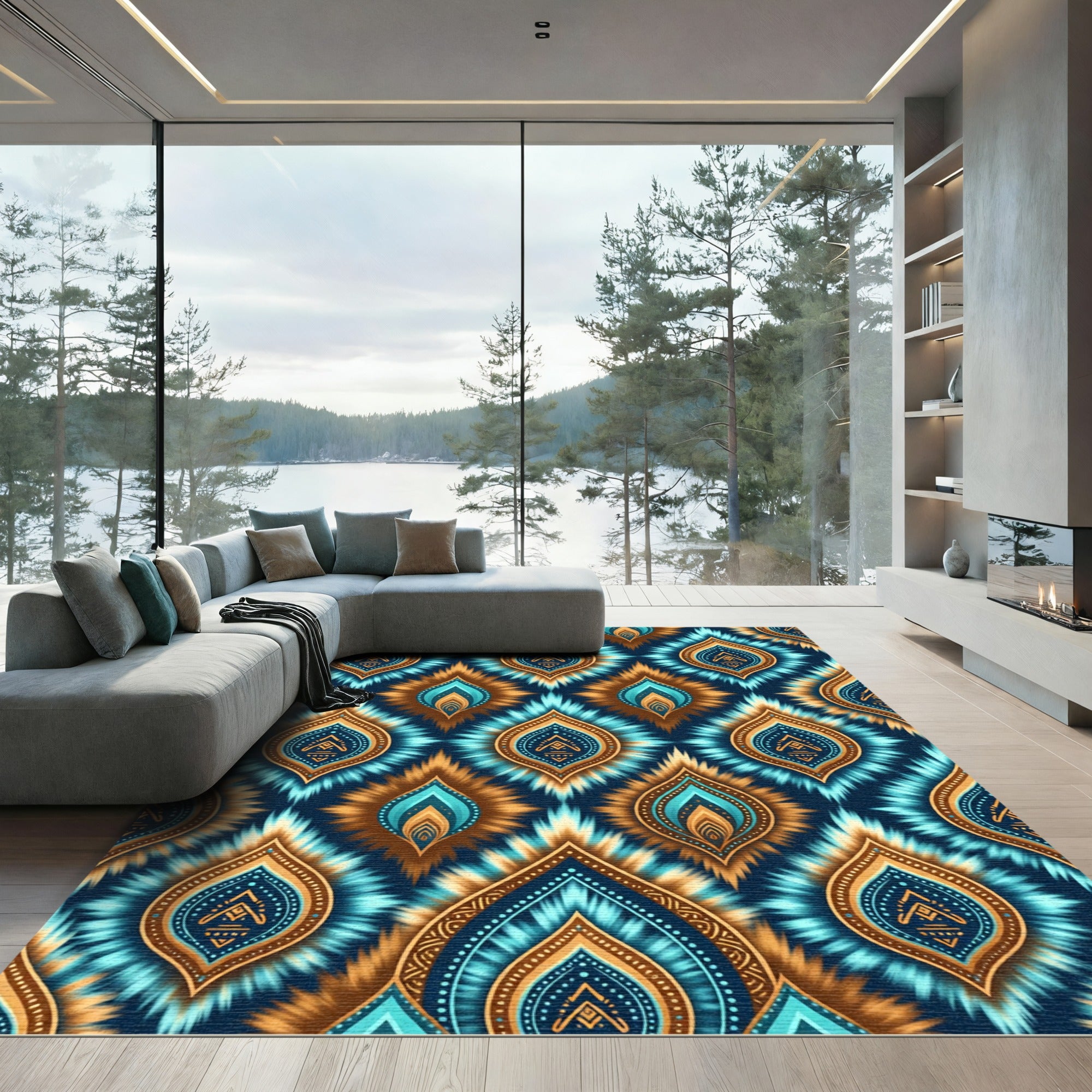 Teal Blue Gold Ikat Leaf Tile Rug