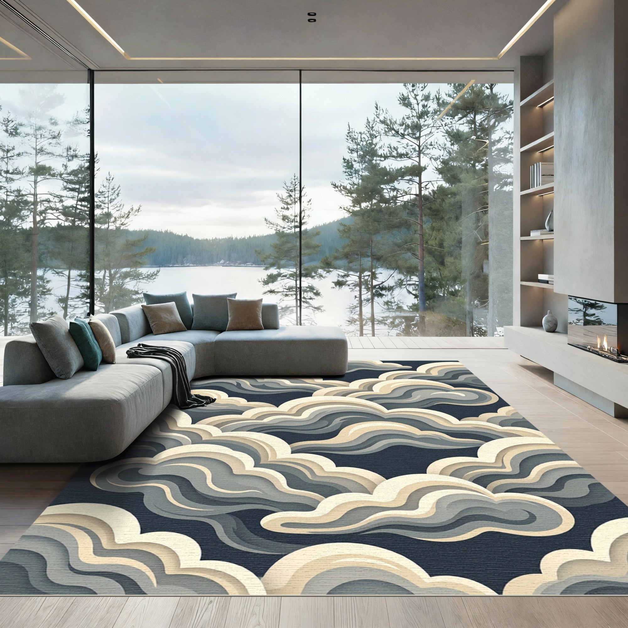 Elegant Layered Cream and Charcoal Clouds Rug