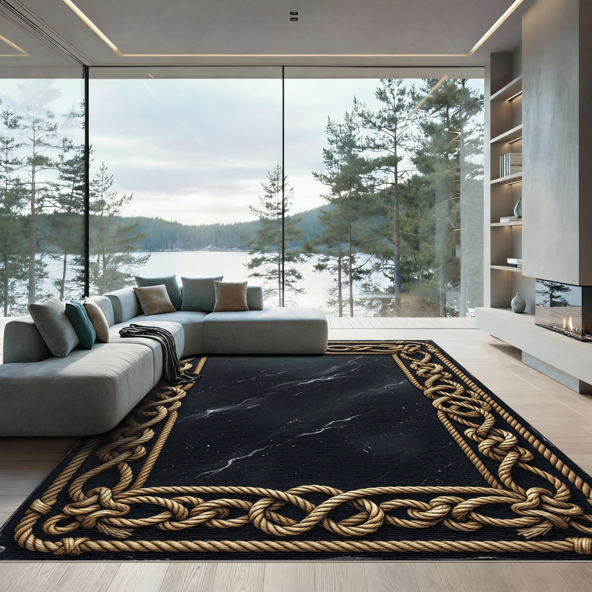 Gold Rope Bordered Black Marble Rug