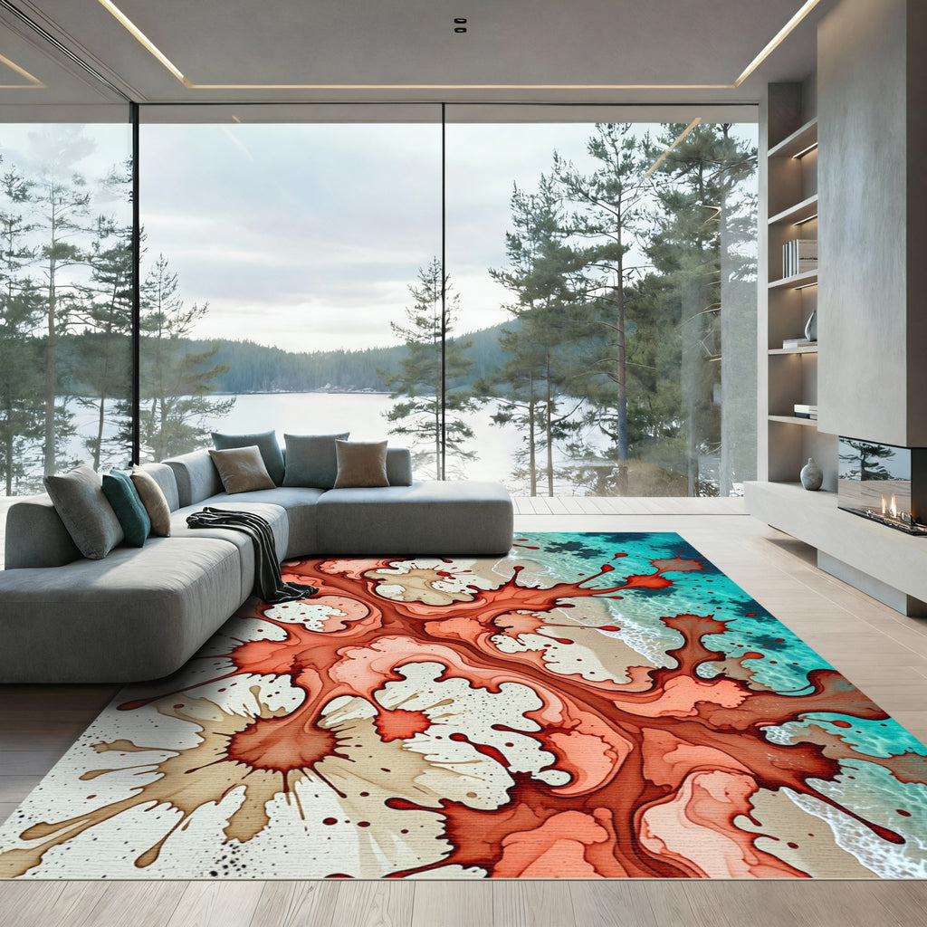 Fiery Crimson Abstract Watercolor Ocean Shore Rug