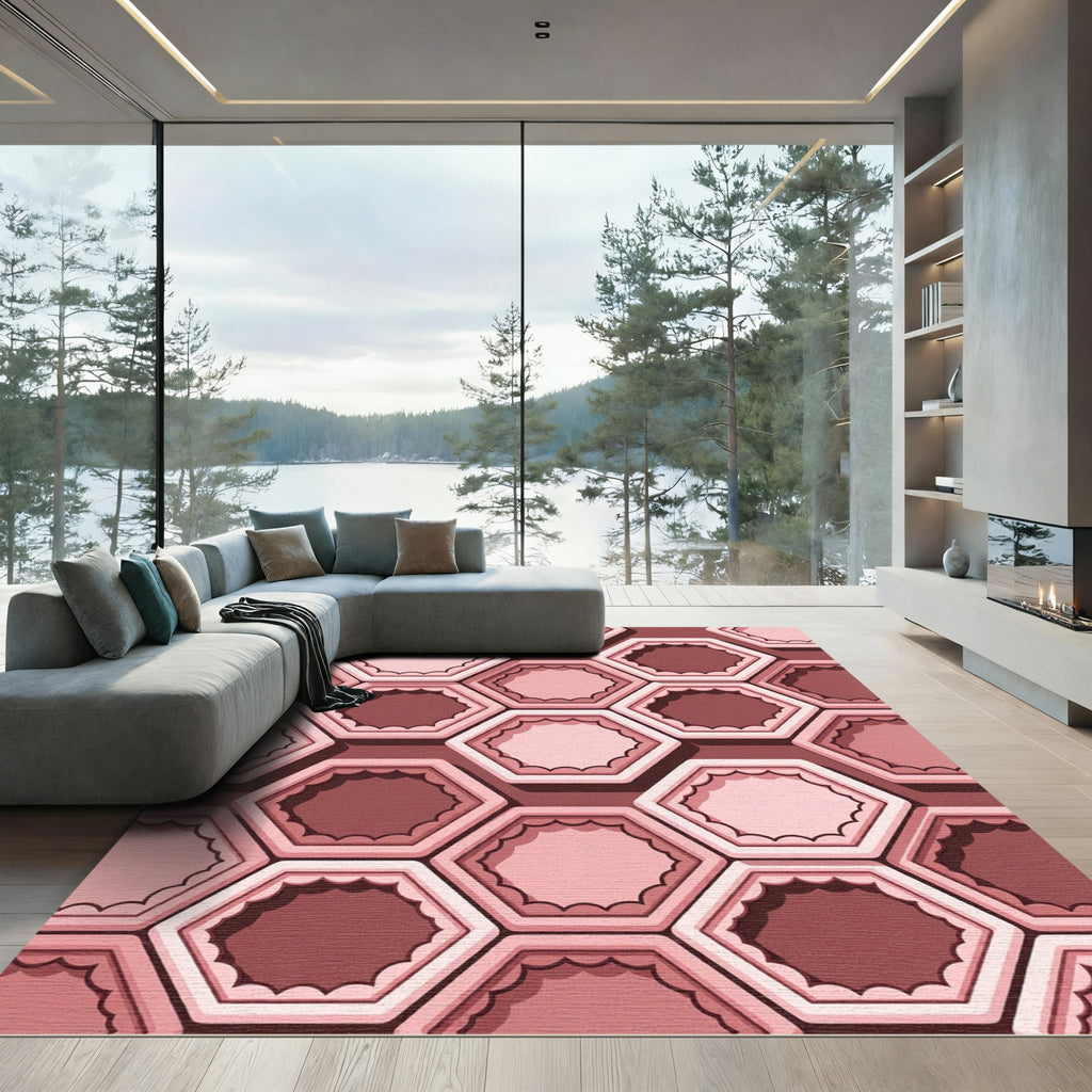 Soft Pink Geometric Hexagon Grid Rug